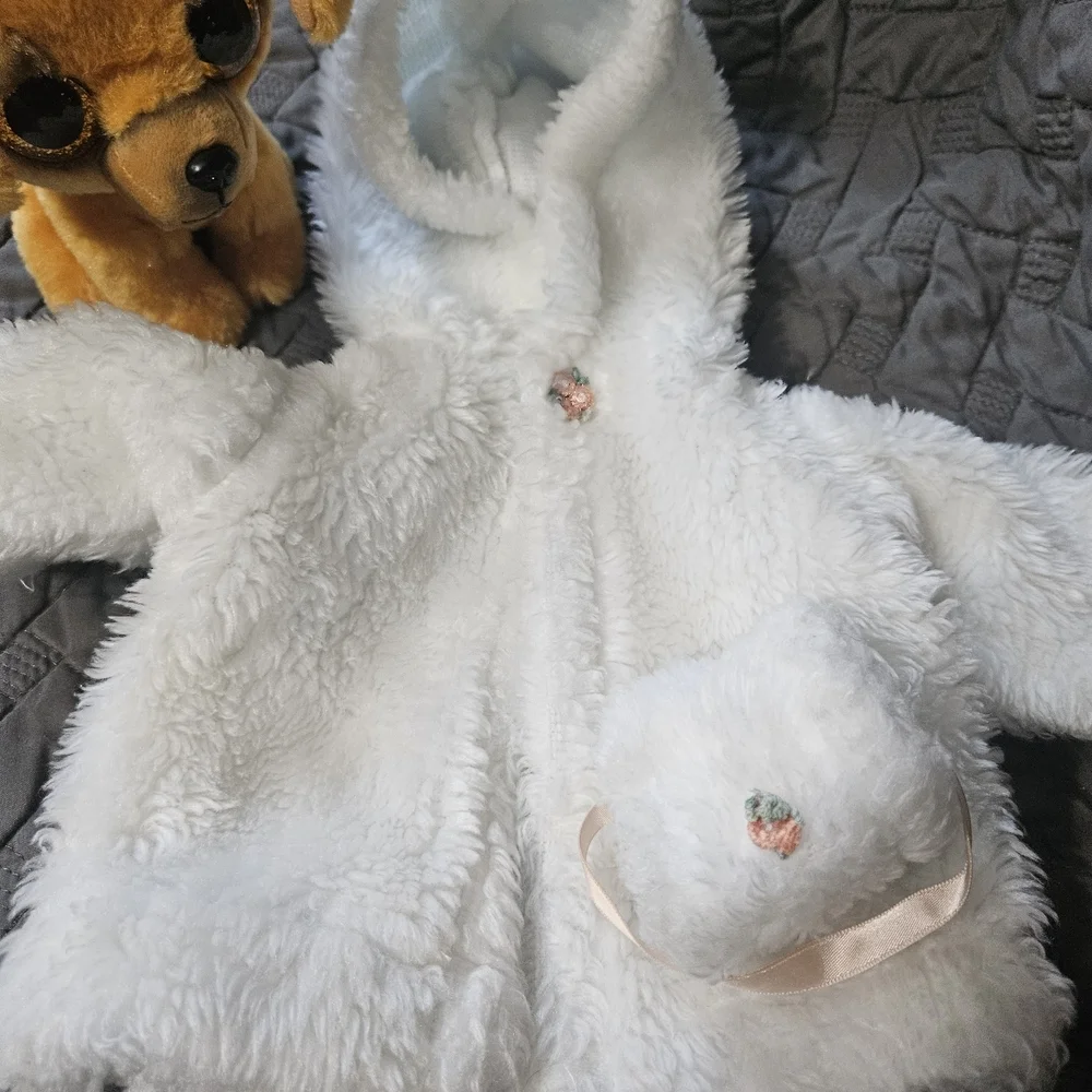 Vintage 1980s White Plush Doll Coat with Hood And Matching Hand Warmer